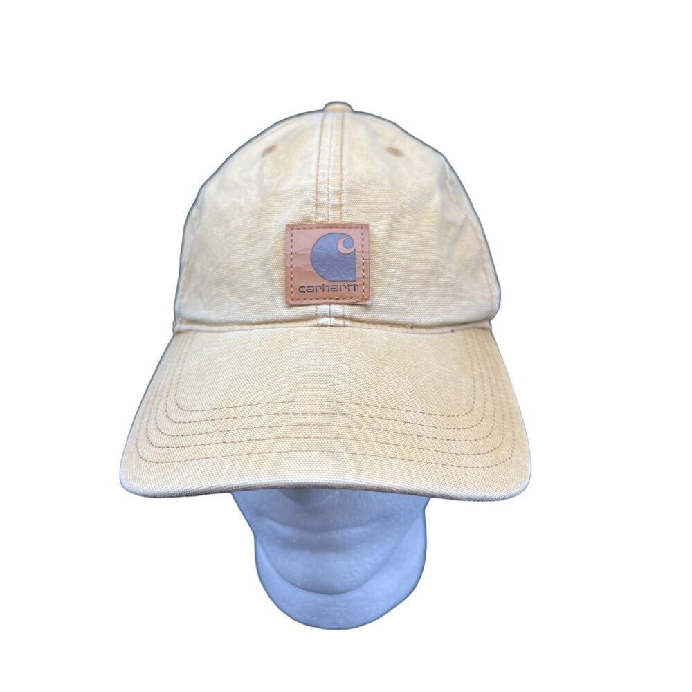 Carhartt Hat Cap Mens One Size Canvas Tan Brown Leather Patch Logo Strapback